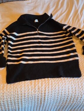 H&M Black & White Striped Half-Zip Turtleneck Sweater